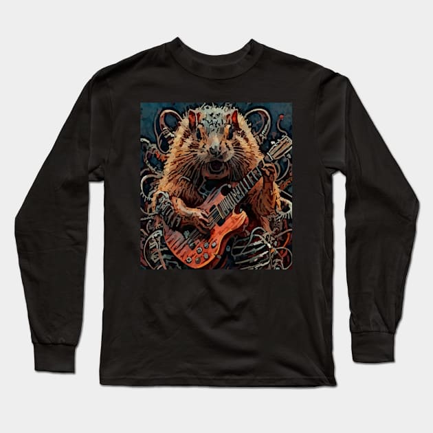 watercolor guitar playing cybernetic groundhog Long Sleeve T-Shirt by Catbrat